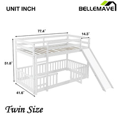 Bellemave® Twin Size Solid Pine Wood Floor Bunk Bed with Slide and Ladder, Door and Safety Guardrails