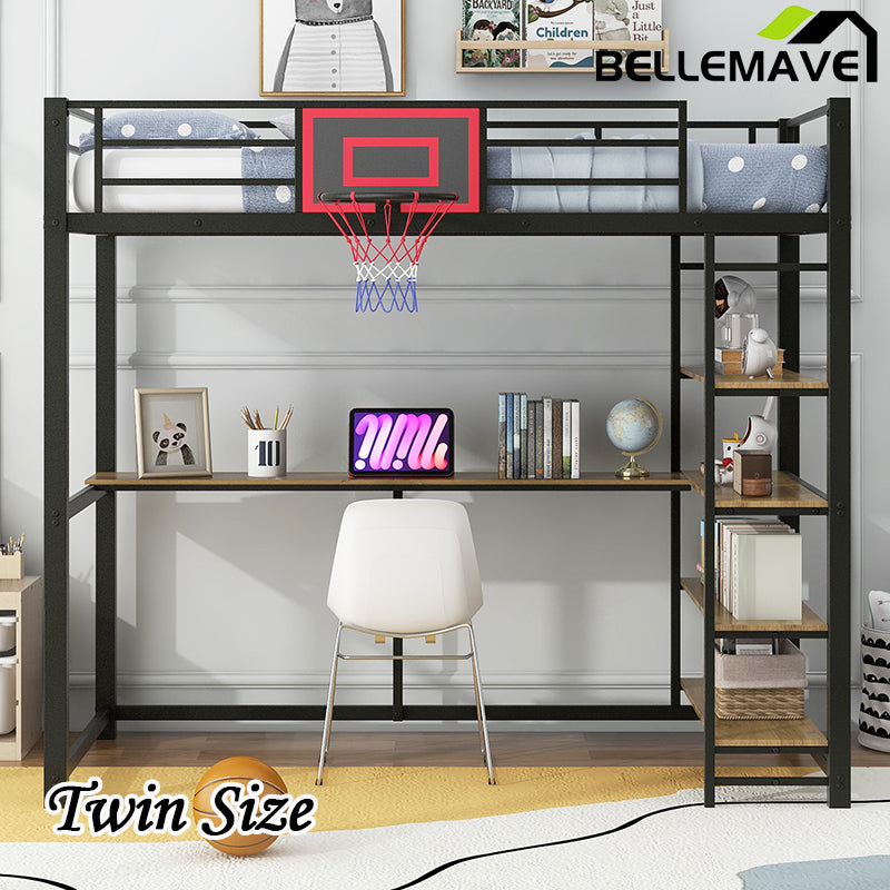 Bellemave® Twin Size Metal Loft Bed with Shelves, Desk and Basketball Hoop