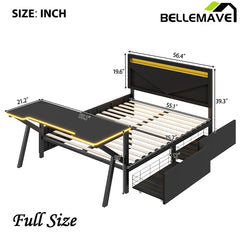 Bellemave® Metal Gaming Platform Bed with LED Headboard, LED Desk, USB and Two Storage Drawers