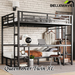 Bellemave® Queen over Twin XL Metal Bunk Bed/Loft Bed with Desk and Shelves, Multiple Uses Folds into Sofa with LED and USB