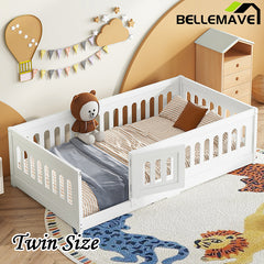 Bellemave® Solid Wood Floor Bed with Heightened Safety Guardrails and Door, No Slats Included