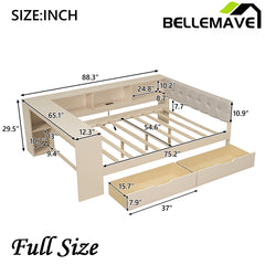 Bellemave®  Wood Daybed with Storage Shelves, Drawers, Charging Station and Upholstered Headboard