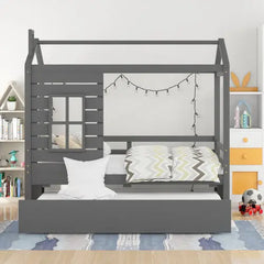 Bellemave® Twin Size Wood House Bed with Trundle Bed