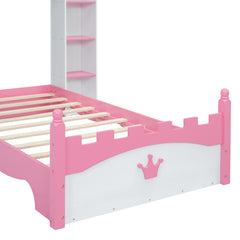 Bellemave® Twin Size Castle-Shaped Wooden Platform Bed with Storage Shelf