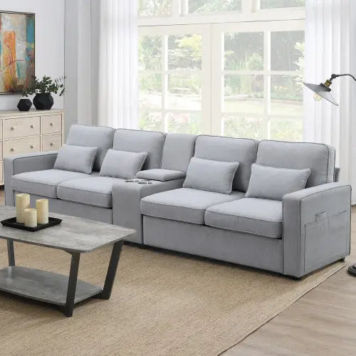 Bellemave 114.2" Upholstered Sofa with Console and 2 Cupholders,2 USB Ports and 4 Pillows Bellemave