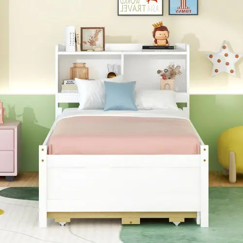 Bellemave Twin Size PlatformBed with Bookcase Headboard, Trundle and Storage Drawers Bellemave