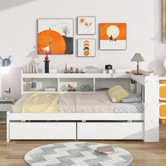 Bellemave® Wood Daybed with L-shaped Bookcases and Drawers