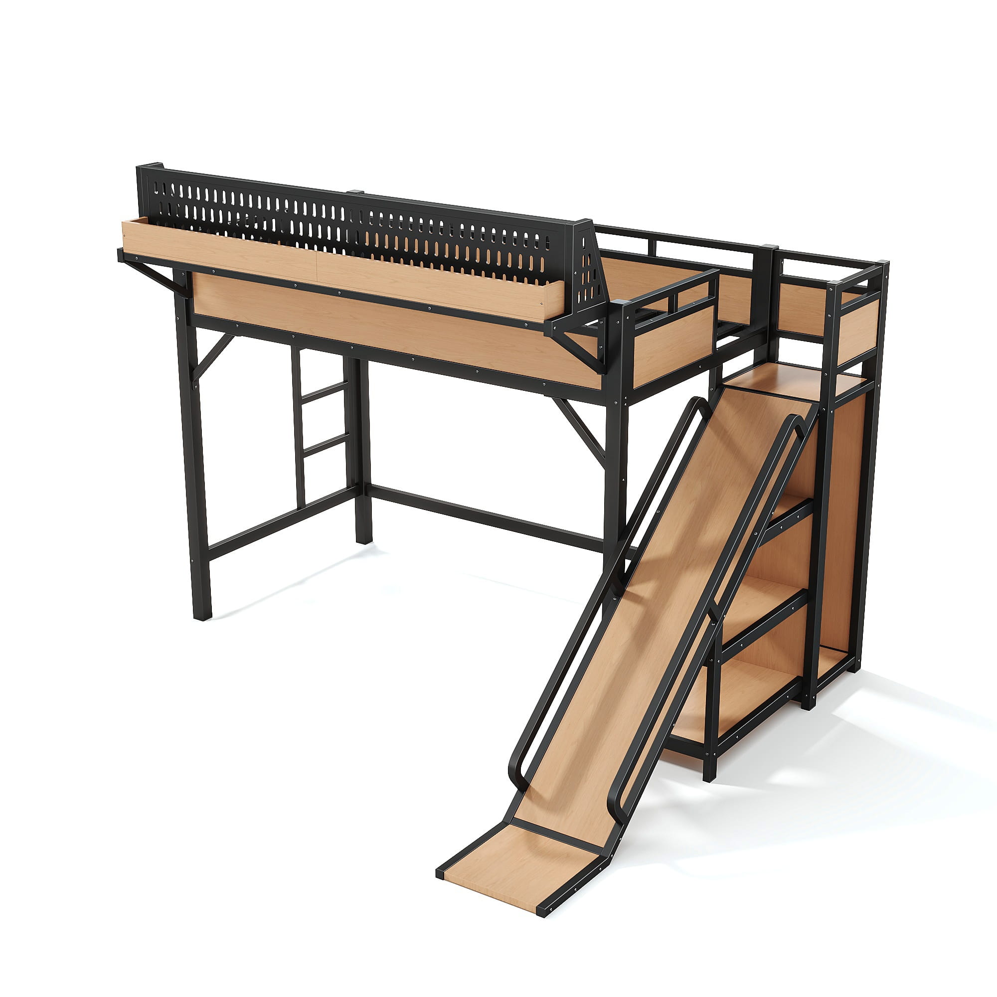 Bellemave® Loft Bed with Ladder, Storage Shelves & Slide,Wardrobe & Pegboard, Metal Loft Bed Frame with USB Ports & LED Lights Bellemave®
