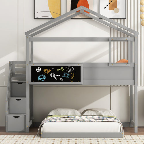 Bellemave Twin over Full House Bunk Bed with Storage Staircase and Blackboard