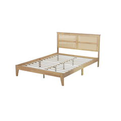 Bellemave® Queen Size Rubber Wooden Platform Bed with Rattan Headboard, Enhanced by Support Feet