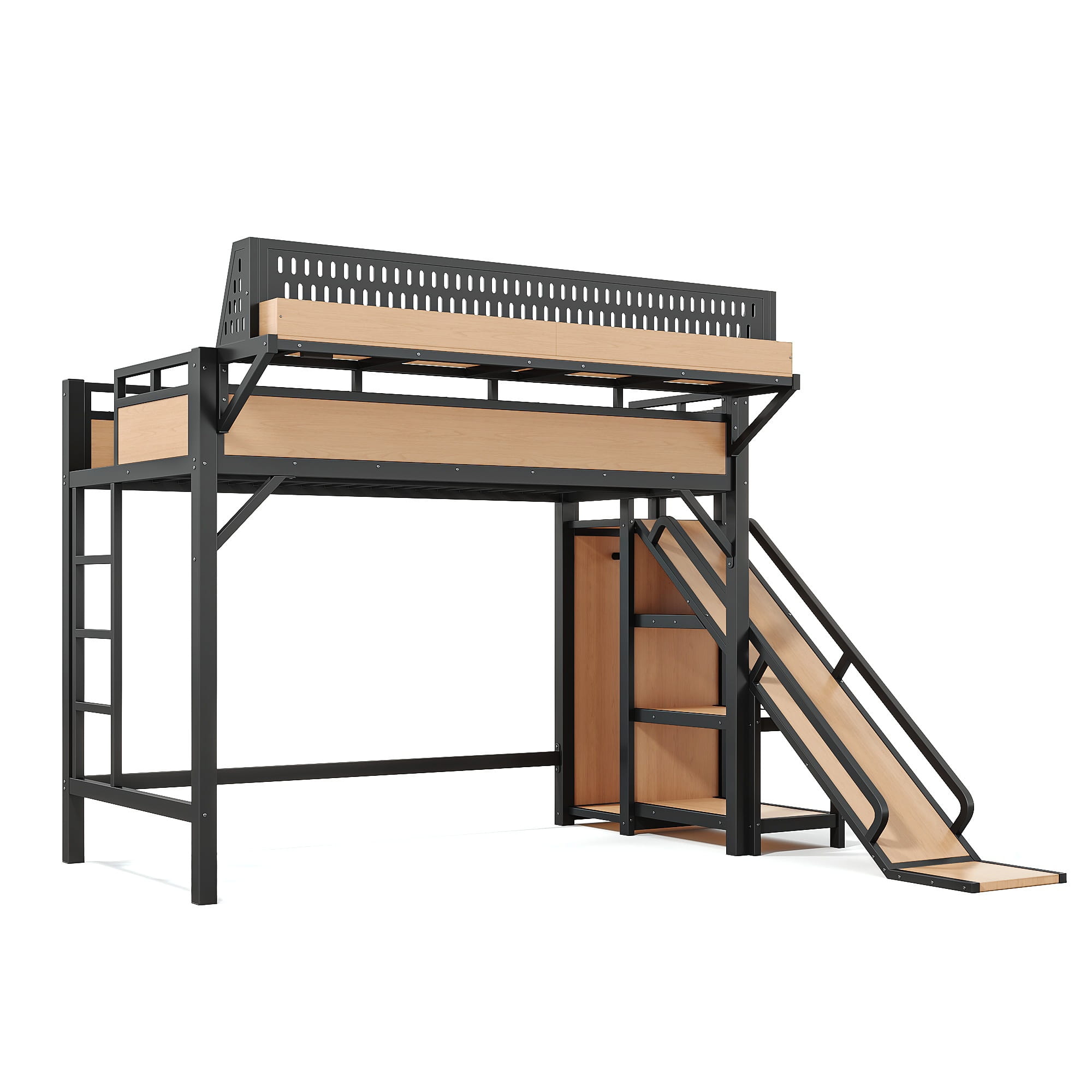 Bellemave® Loft Bed with Ladder, Storage Shelves & Slide,Wardrobe & Pegboard, Metal Loft Bed Frame with USB Ports & LED Lights Bellemave®