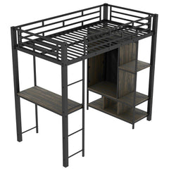 Bellemave® Twin Size Metal Loft Bed with Built-in Wardrobe, Desk and Shelves