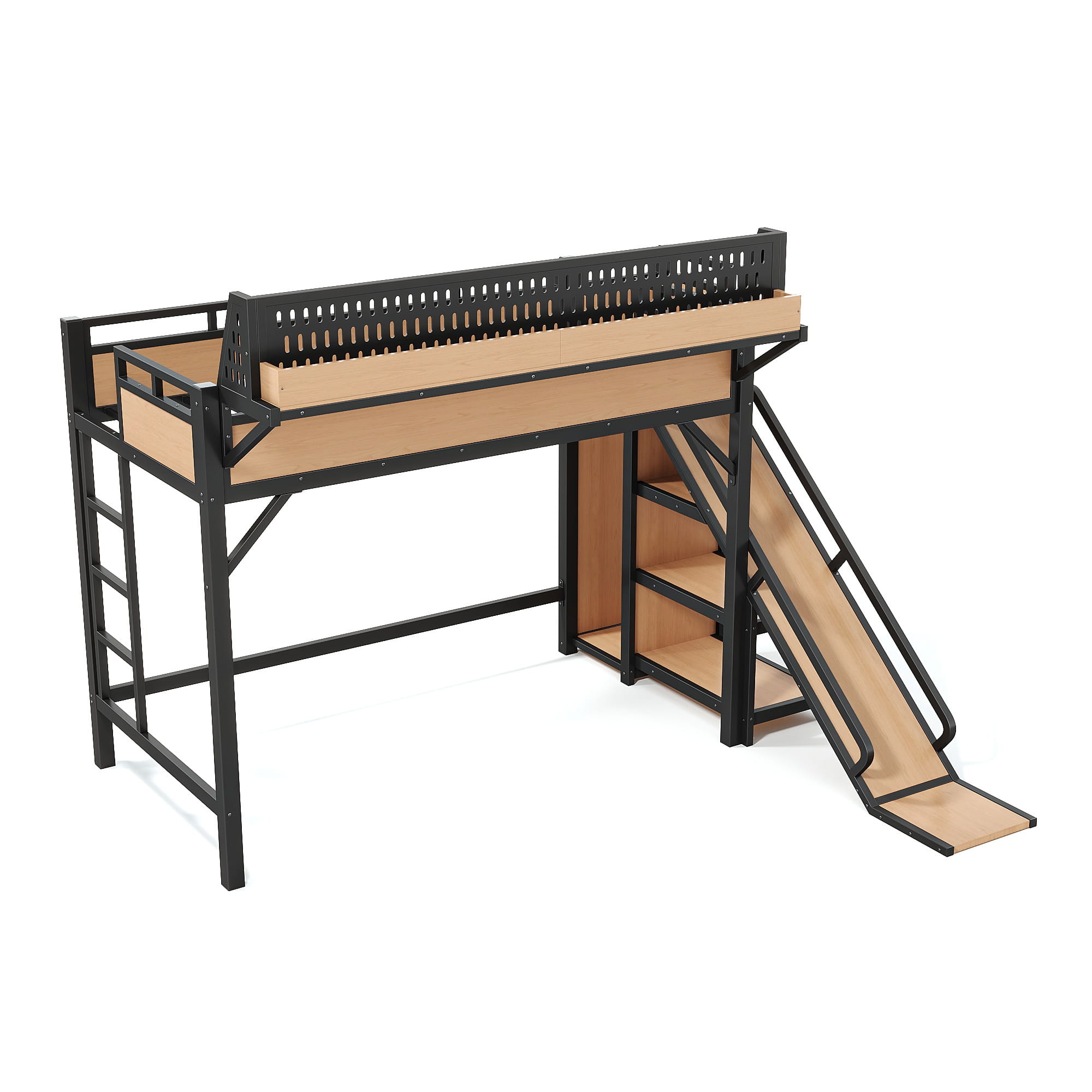 Bellemave® Loft Bed with Ladder, Storage Shelves & Slide,Wardrobe & Pegboard, Metal Loft Bed Frame with USB Ports & LED Lights Bellemave®
