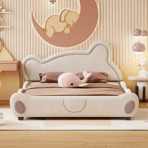 Bellemave® Velvet Platform Bed with Bear-Shaped Headboard, with Bed-End Storage Pocket Bellemave®