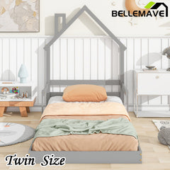 Bellemave® House-Shaped Headboard Floor Bed with Handrails and Slats