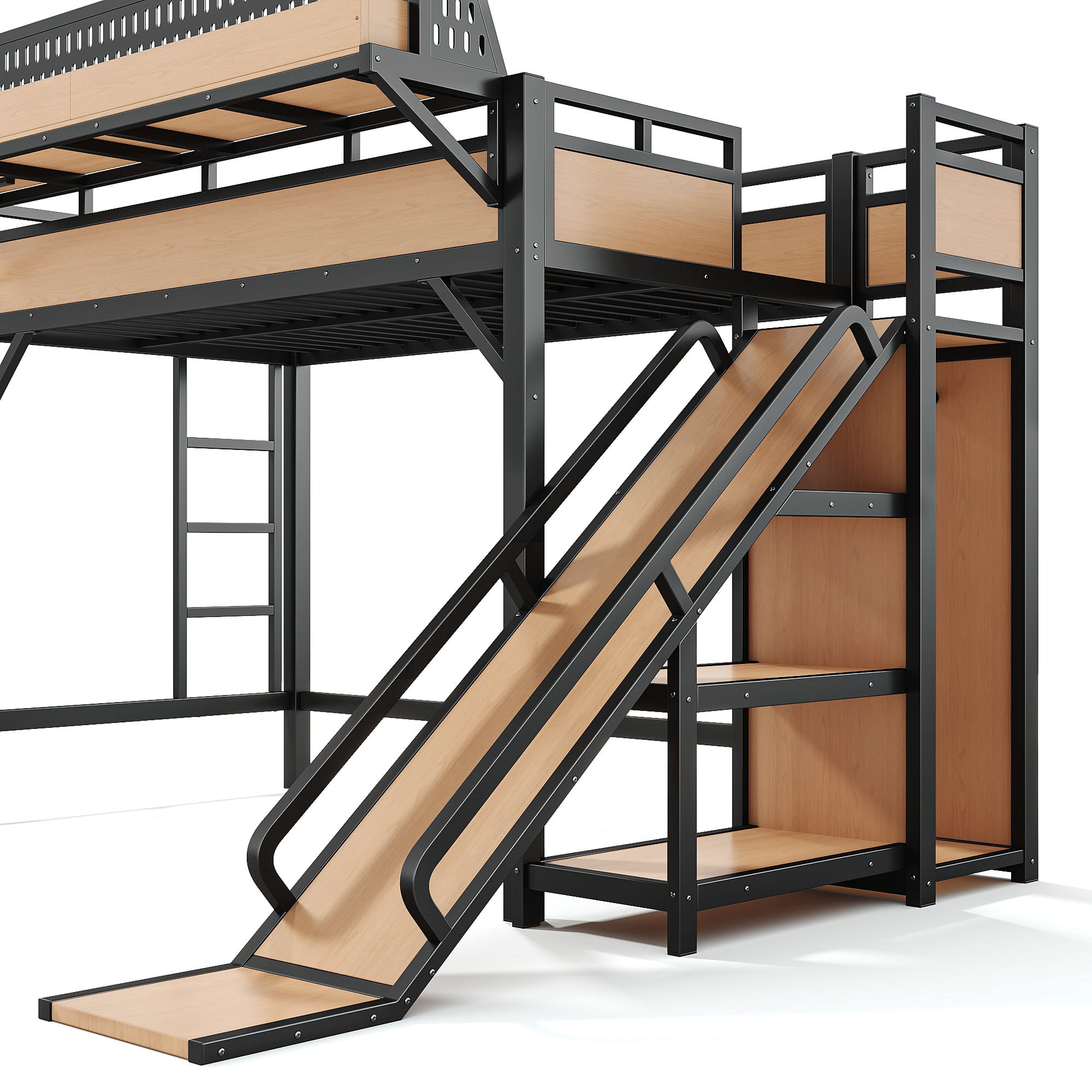 Bellemave® Loft Bed with Ladder, Storage Shelves & Slide,Wardrobe & Pegboard, Metal Loft Bed Frame with USB Ports & LED Lights Bellemave®