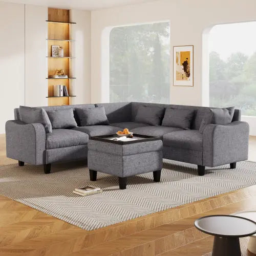 Bellemave® 87" L-Shape Modern Sectional Sofa with Coffee Table,Storage Ottoman and Unique Armrests Bellemave