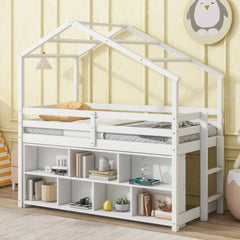 Bellemave® Twin Size House Loft Bed with Roof Frame, Under Bed Shelving Storage Unit, Guardrails, Ladder Bellemave®