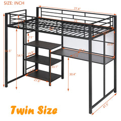 Bellemave® Metal Loft Bed with Desk and Whiteboard, 3 Shelves and Ladder