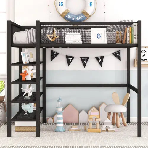 Bellemave® Metal Loft Bed with 4-Tier Shelves and Storage Bellemave®