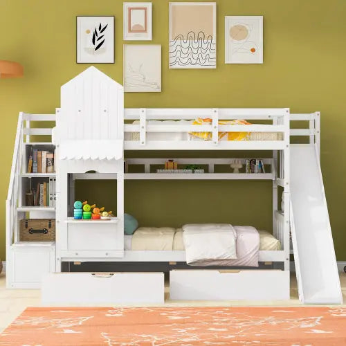 Bellemave® Castle Style Bunk Bed with 2 Drawers 3 Shelves and Slide