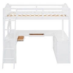 Bellemave® Full Size Wooden Loft Bed with U-shaped Desk,Storage Compartments and Tri-fold Mirror