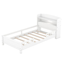 Bellemave® Wood Platform Bed with Built-in LED Light, Storage Headboard and Guardrail