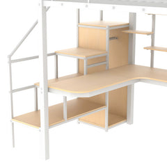 Bellemave® Full Size Metal Loft Bed with Storage Staircase and Small Wardrobe, Built-in Desk and Storage Shelves