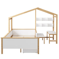 Bellemave® Full Size Wooden House Bed White and Original Wood Color Frame with Drawer