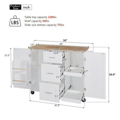 Bellemave® Rolling Kitchen Island with Storage and Rubber Wood Top, 3 Drawer, 2 Slide-Out Shelf and Internal Storage Rack, Spice Rack and Tower Rack