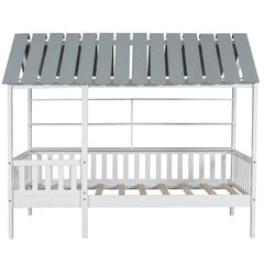 Bellemave® Twin Size House Bed with Roof, Guardrail and Shelves