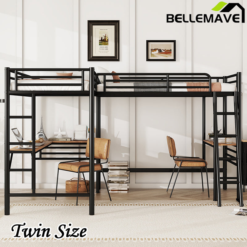 Bellemave® Double Twin Size Metal Loft Bed with Two Built-in Desks