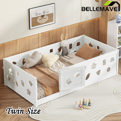 Bellemave® Solid Wood Floor Bed with Heightened Safety Guardrails and Door(No Slats Included)