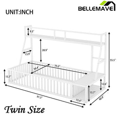 Bellemave® Metal Floor Bed with Safety Fence, Desk and Storage Shelves