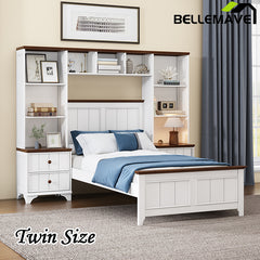 Bellemave® Solid Pine Wood Platform Bed with All-In-One 2 Nightstand Bookcase and Storage Shelf