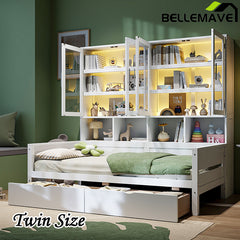 Bellemave® Wooden Daybed with Glass-Door Storage Cabinets, Built-in LED Lighting and Shelves