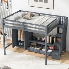 Bellemave® Full Size Loft Bed with Wardrobe,Low Storage Table and Storage Staircase