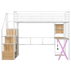 Bellemave® Metal Loft Bed with Built-in Work Station, Wardrobe, Storage Staircase and LED