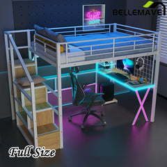 Bellemave® Metal Loft Bed with Built-in Work Station, Wardrobe, Storage Staircase and LED