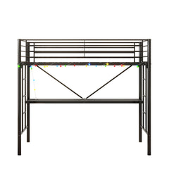 Bellemave® Twin Size Metal Loft Bed with Desk, Power Outlet and LED Lighted , Safety Guard & Ladder