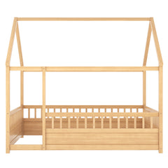 Bellemave® Full Size Solid Wood House Bed with High Fence for Kids,Full Floor Bed Frame, Kids Montessori Bed Full Size,White