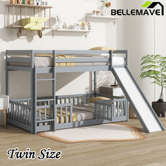 Bellemave® Twin Size Solid Pine Wood Floor Bunk Bed with Slide and Ladder, Door and Safety Guardrails