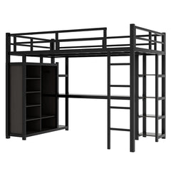 Bellemave® Full Size Metal Loft Bed with Desk,Shelves and Wardrobe