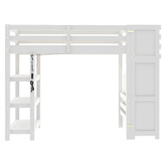 Bellemave® Wooden Loft Bed with Shelves, Storage Staircase, Small Wardrobe and White LED Light