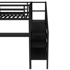 Bellemave® Metal High Loft Bed with L-shaped Desk and USB, Wardrobe and Adjustable Shelf, LED Light