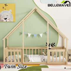 Bellemave® Wood House-Shaped Floor Bed with Fence and Guardrails