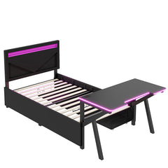 Bellemave® Metal Gaming Platform Bed with LED Headboard, LED Desk, USB and Two Storage Drawers