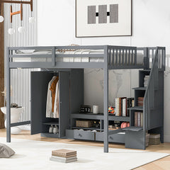 Bellemave® Full Size Loft Bed with Wardrobe,Low Storage Table and Storage Staircase