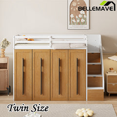 Bellemave® Twin Size Loft Bed with Two-Tone Storage Stairs and Pull-Out Wardrobe