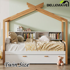 Bellemave® Wooden House Bed with Original Wood Color Frame with Trundle Bed and Bookshelf Storage Space